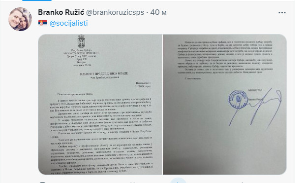 Ministar prosvete Branko Ružić podneo ostavku iz ličnih, moralnih ali i političkih razloga