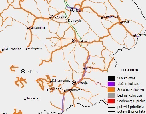Због снежних наноса и леда, могући застоји и обустава саобраћаја на путевима југа Србије