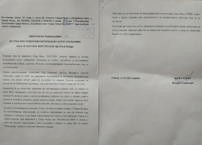 Skupštinska opozicija u Nišu traži nadoknadu za građane koji su pretrpeli štetu zbog nevremena