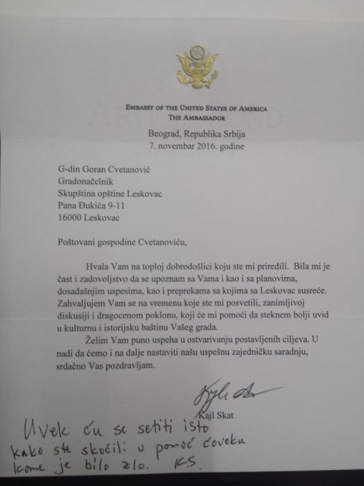 Ambasador SAD se zahvalio gradonačelniku Leskovca
