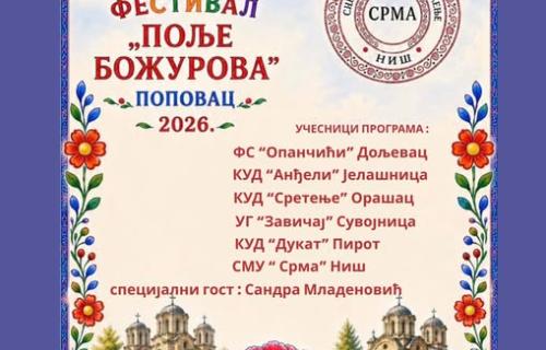 Scensko-muzičko udruženje „Srma“ iz Niša organizuje Prvi dečji festival folklora pod nazivom „Polje božurova“, koji će biti održan 20. juna 2026. godine u dvorištu Osnovne škole „Milan Rakić“ u Popovcu. Prvi dečji festival folklora „Polje božurova“ u Popovcu okuplja mlade čuvare tradicije
