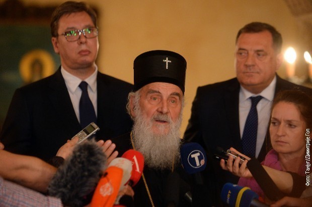 Patrijarh Irinej, Aleksndar Vučić i Milorad Dodik